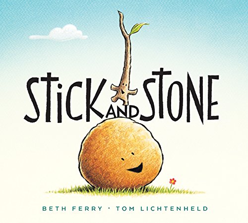 Board book cover with smiling stone and stick against a blue sky.