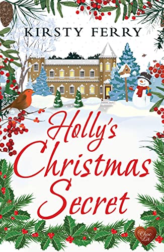 Book cover: snowy manor house, robin, snowman, and festive holly branches.