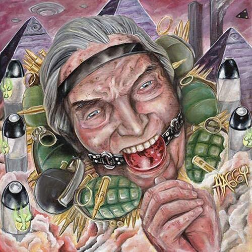 Painted face with open mouth surrounded by grenades and metallic structures.