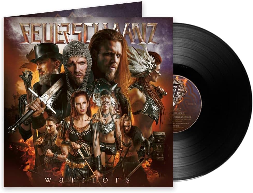 Warriors" vinyl record by Feuerschwanz, featuring illustrated figures in costume.