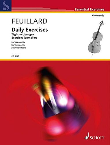 Sheet music cover for Feuillard Daily Exercises for violoncello with a red abstract background.