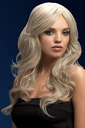 Woman wearing a long, wavy, light blonde wig against a dark blue background.