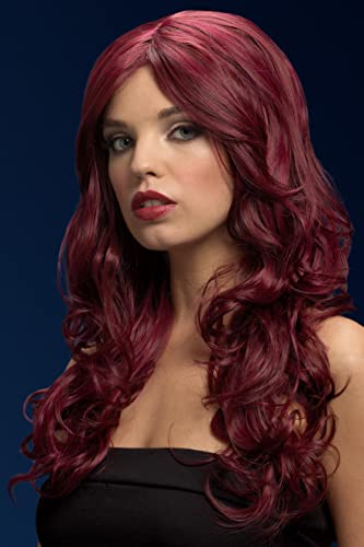 Woman modeling a long, curly, dark red wig.