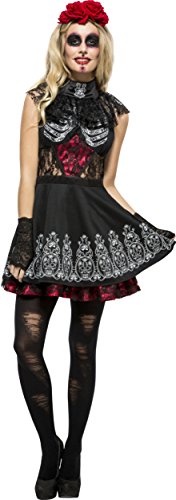 "Blonde woman wearing a black Day of the Dead dress and red floral headband."