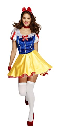 Woman in a Snow White fairytale costume with yellow skirt and red accents.