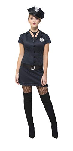 Woman wearing a dark blue, short-sleeved police officer costume with hat.