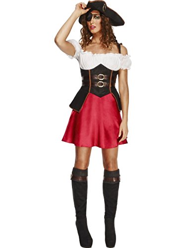 Woman modeling a pirate wench costume with red skirt and black bodice.