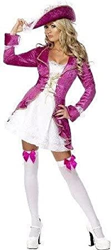 Woman wearing a magenta pirate costume with a white dress, hat, and white stockings.