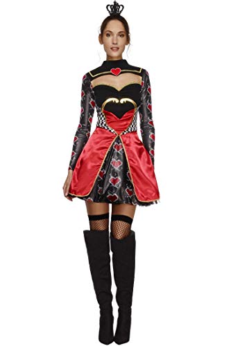 Woman in a red and black Queen of Hearts costume with a crown.