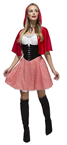 A woman wearing a Red Riding Hood costume with a red cape and checkered skirt.