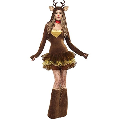 Woman wearing a brown reindeer costume with a tutu, boots, and antler headband.