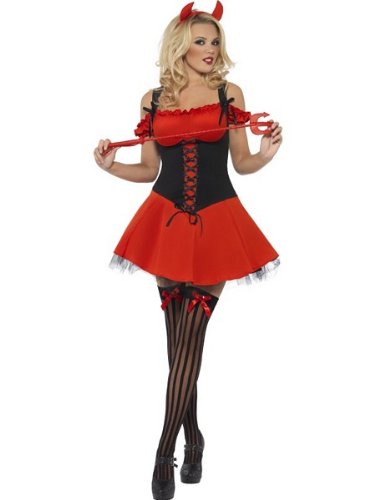 Woman's red devil costume with dress, underskirt, and horns, size medium, for Halloween.