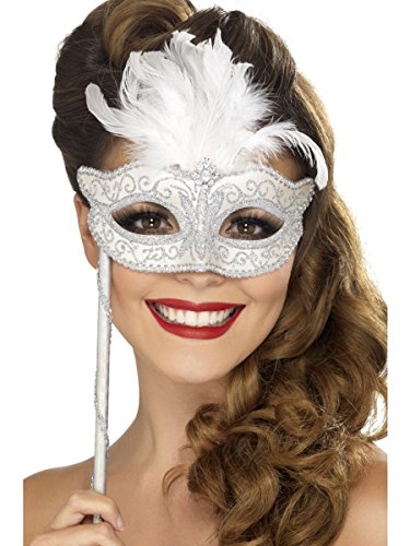 Silver baroque-style eyemask with white feathers, held by a handle.