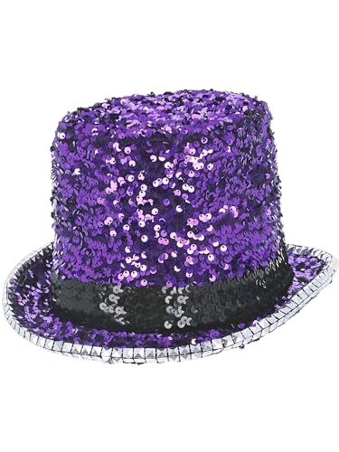 Purple sequin and felt top hat with a silver ribbon band.