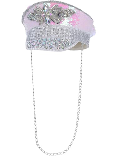 Pink captain's hat embellished with sequins, pearls, and rhinestones, with a chain.