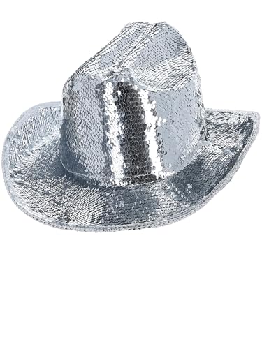 Silver sequined cowboy hat on a white background.