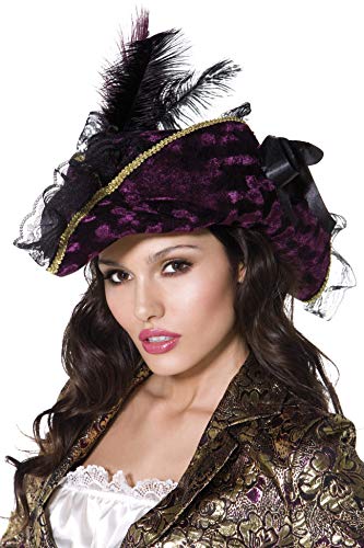 Purple pirate hat with black feathers, gold trim, and lace detailing.