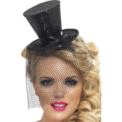 Black glitter mini top hat with veil, worn on a model.