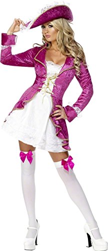 Woman wearing a white dress, pink pirate jacket, and matching hat.