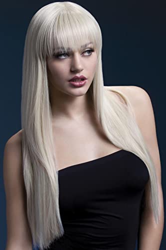 Woman wearing a long, straight, blonde wig with bangs.