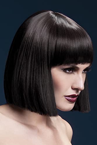 Woman modeling a short, brown bob wig with straight bangs.