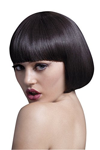 Brown bob wig with blunt bangs on a woman’s head.