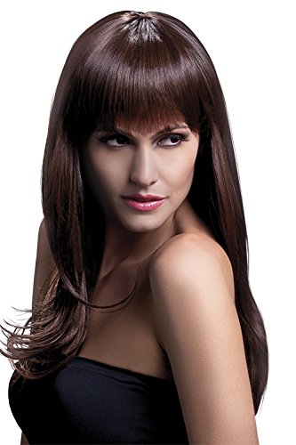 Woman with long, straight brown hair and bangs, wearing a black strapless top.
