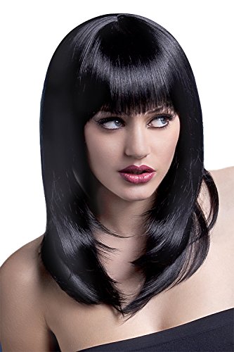Black, medium-length wig with bangs modeled on a person.