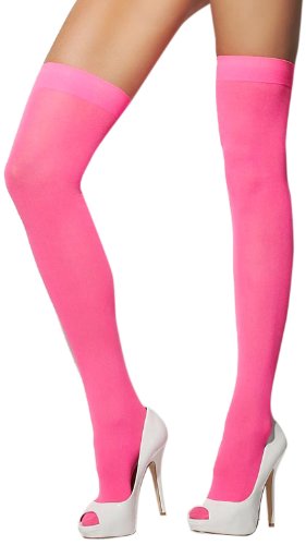 The image shows a pair of neon pink opaque tights or stockings. For accessibility purposes, a suitable alt text could be: "Neon pink opaque tights or stockings against a white background."