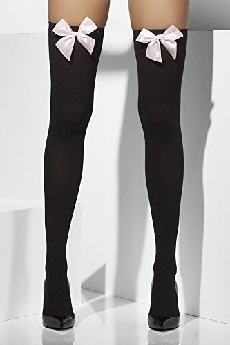 "Black thigh-high stockings with pink bows on a model's legs, high heels."