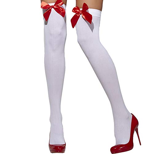White hold-ups with red bows, shown on legs with red heels.