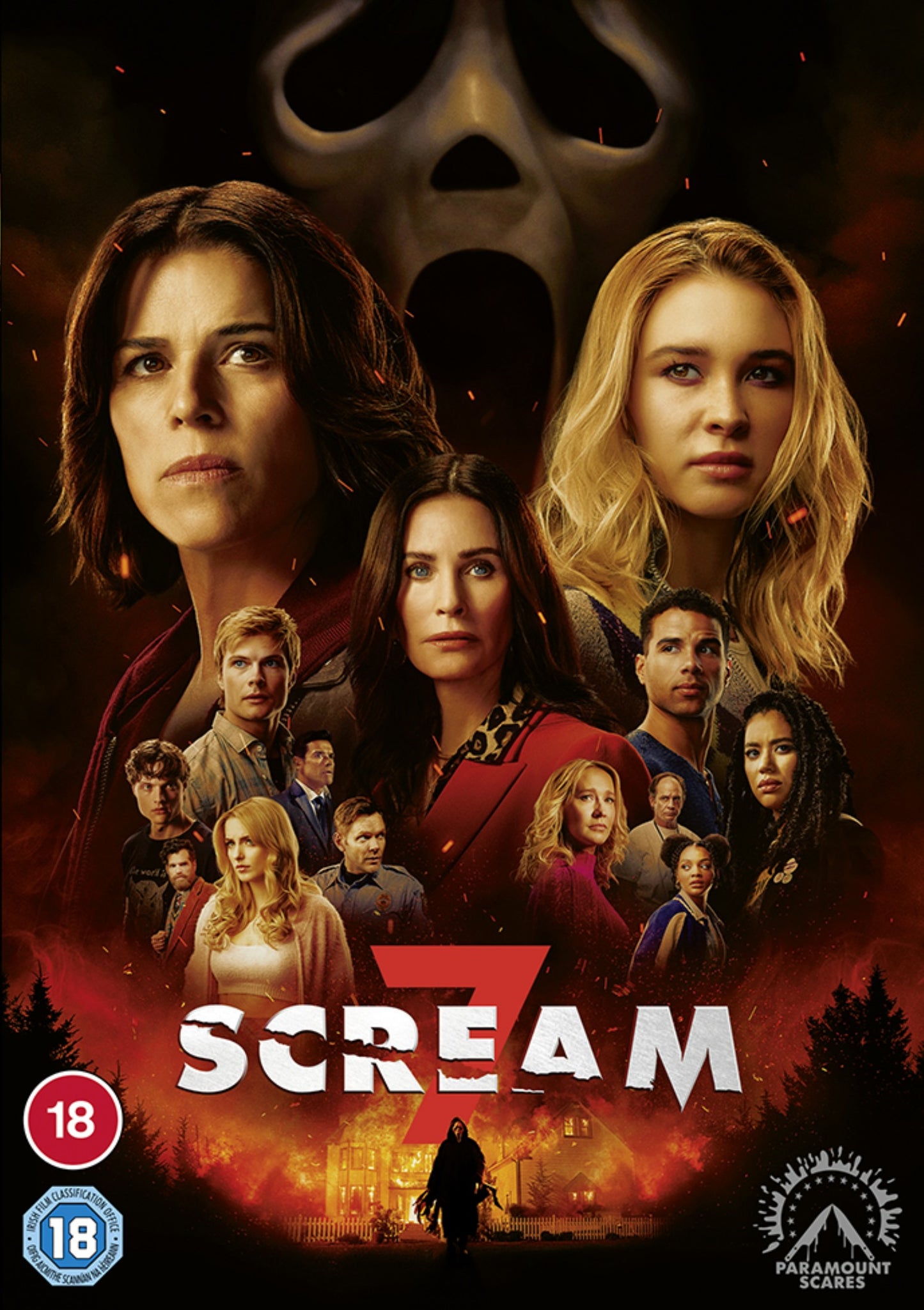 DVD cover art featuring the Scream 7 cast with the Ghostface mask in background.
