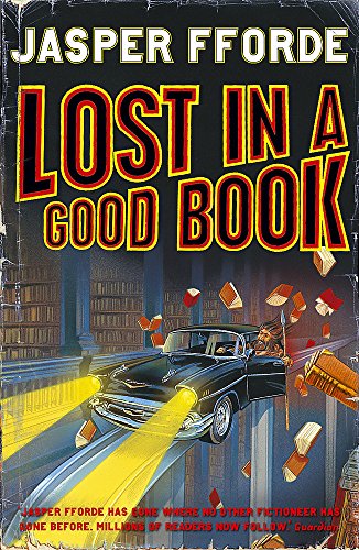 Book cover: car flying through a library with falling books.