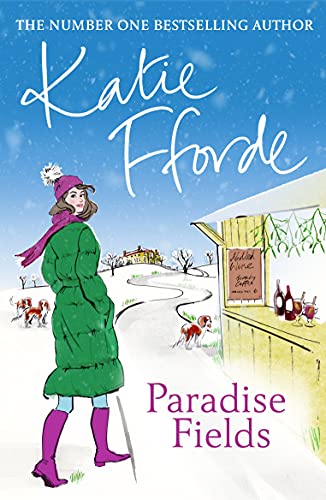 Book cover illustration featuring a woman in a green coat walking dogs in snow.