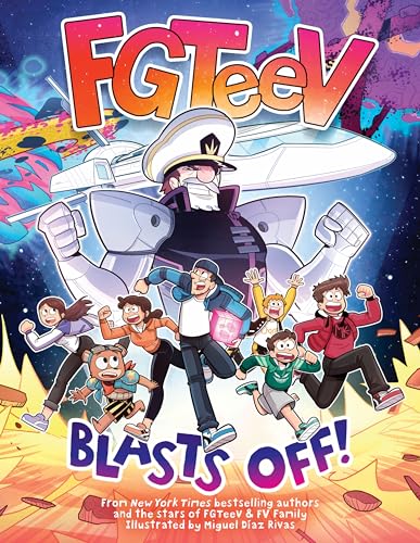 Cartoon characters run in front of a giant robot and a spaceship in space.