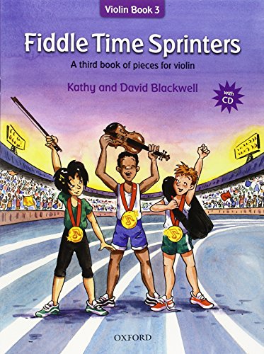 Cover of Fiddle Time Sprinters violin book showing three children on a running track.