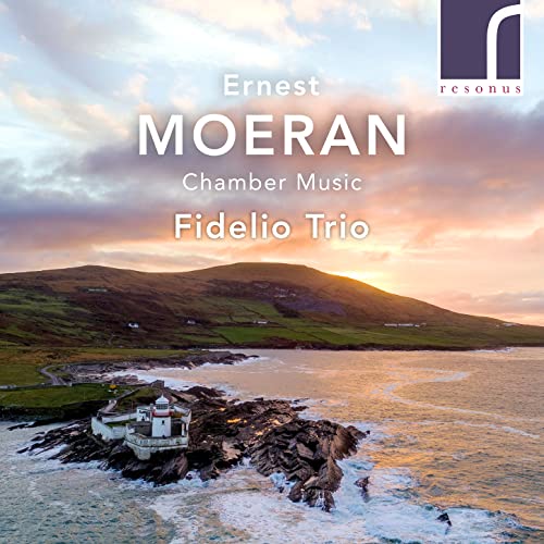 CD cover with coastal landscape, text “Ernest Moeran: Chamber Music” and “Fidelio Trio”.
