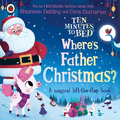 Childrenās book cover: Santa, unicorn, and snowy scene with lift-the-flap text.