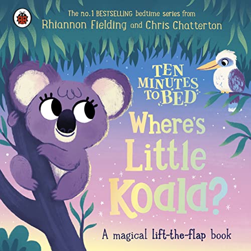 Purple koala peeking from tree branches on a children’s book cover.