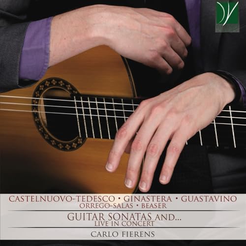Hands playing a classical guitar, CD cover for Carlo Fierens’ sonatas.