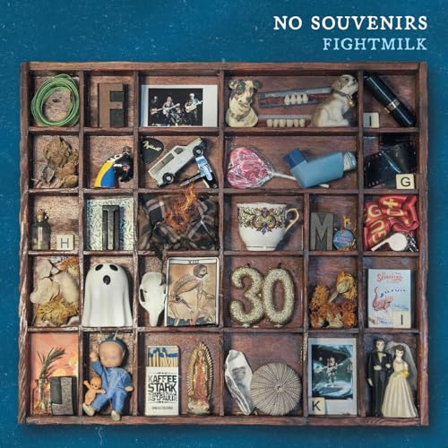 Vinyl album cover for Fightmilk’s “No Souvenirs” featuring a collection of objects.
