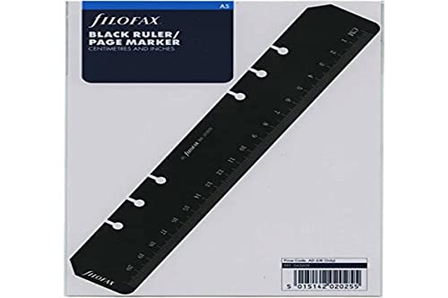 Black Filofax A5 ruler with centimetre and inch markings, in packaging.