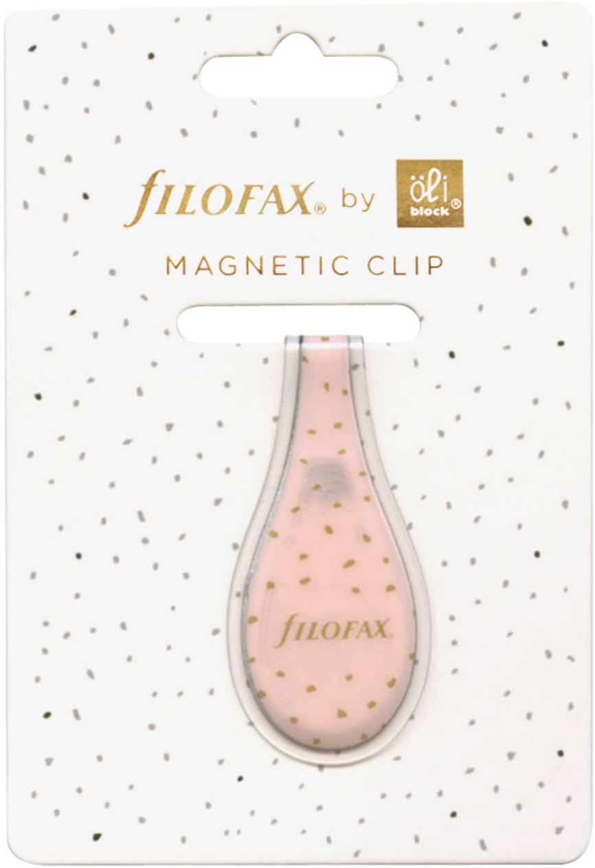 Pink teardrop-shaped magnetic clip with gold confetti and Filofax logo.