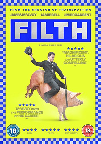 DVD cover for "Filth" featuring a police officer riding a pig.
