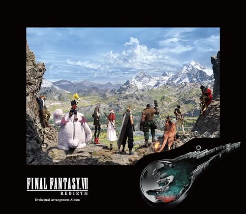 Final Fantasy VII Rebirth orchestral album cover with characters and mountains.