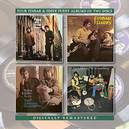 A collage of four album covers featuring Finbar and Eddie Furey with musical instruments.