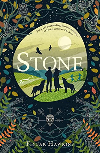 Book cover: "Stone" depicts figures with dogs in a landscape, ornate borders.