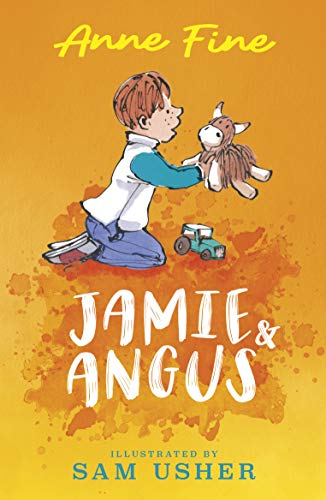 Book cover: boy with toy cow, orange background, titled "Jamie & Angus".