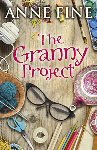 Book cover with craft supplies, glasses, and yarn on a wooden background.