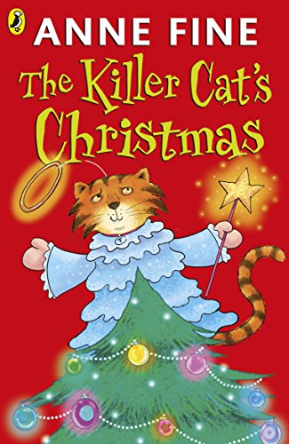 Book cover: illustrated cat in a blue outfit with a Christmas tree.